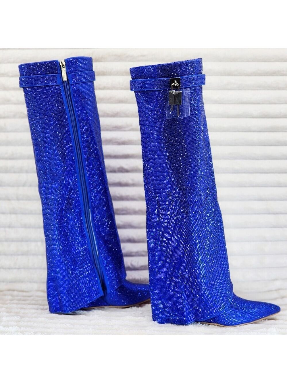 NIB Super Sparkle Sharky Skirted Fold Over Wedge Heel Knee Boots Royal Blue - Picture 5 of 15